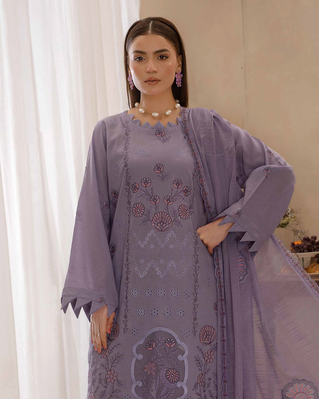 Dyed Lawn Embroidered Suit with Bamber Motif & 4-Side Lace Dupatta – Light Purple