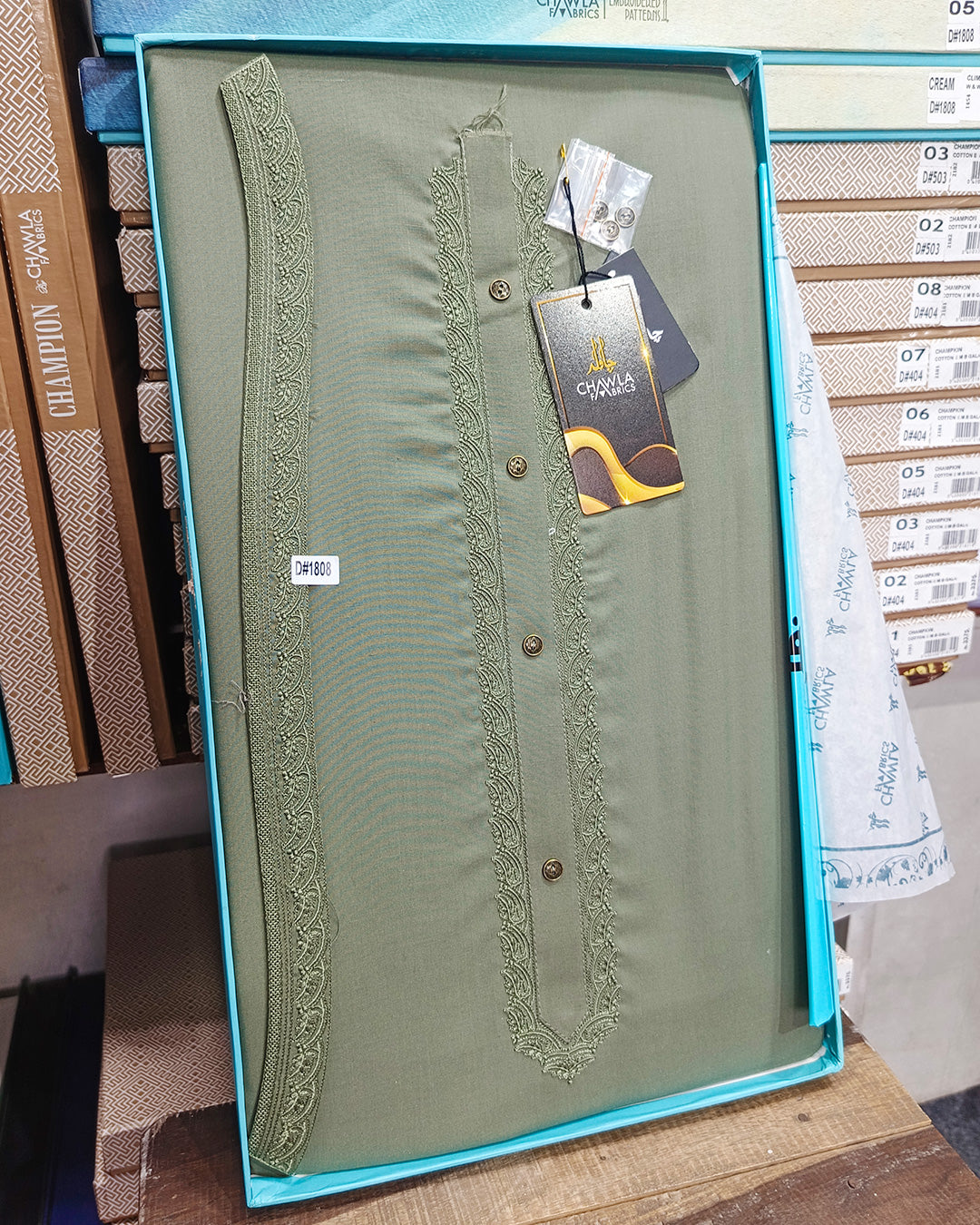 Olive Green Wash & Wear Embroidery Gala Ban Article 1808