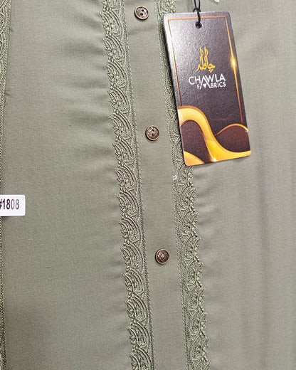 Olive Green Wash & Wear Embroidery Gala Ban Article 1808