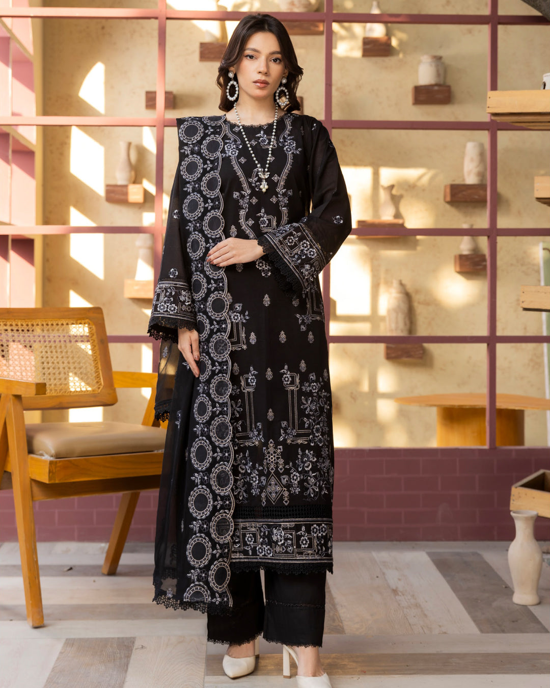 Shahkar Lawn by AALAYA | Embroidered Stripe Suit | Article-08-Black