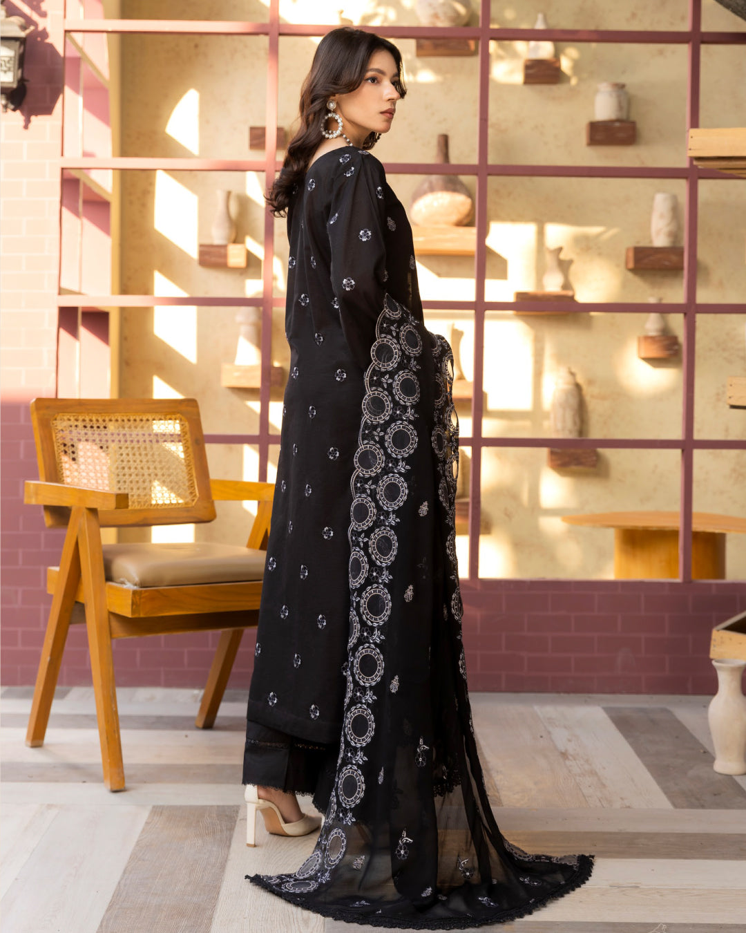 Shahkar Lawn by AALAYA | Embroidered Stripe Suit | Article-08-Black