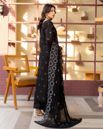 Shahkar Lawn by AALAYA | Embroidered Stripe Suit | Article-08-Black