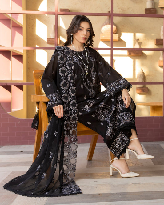 Shahkar Lawn by AALAYA | Embroidered Stripe Suit | Article-08-Black