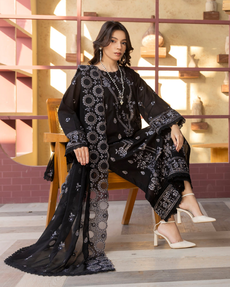 Shahkar Lawn by AALAYA | Embroidered Stripe Suit | Article-08-Black