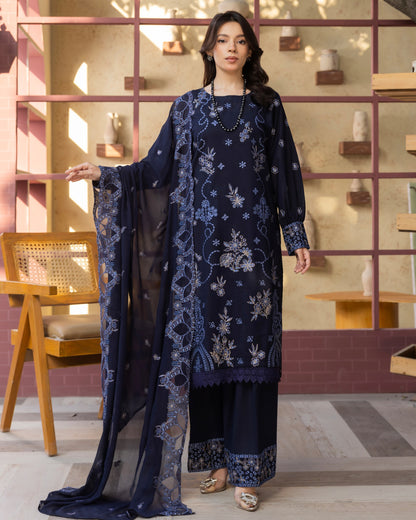 Shahkar Lawn by AALAYA | Embroidered Stripe Suit | Article-07-Dark Blue