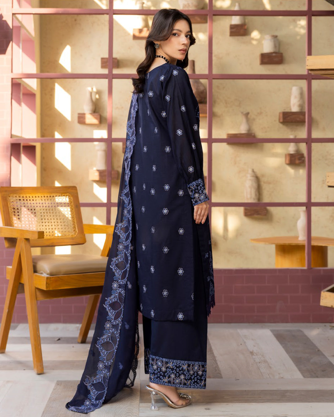 Shahkar Lawn by AALAYA | Embroidered Stripe Suit | Article-07-Dark Blue