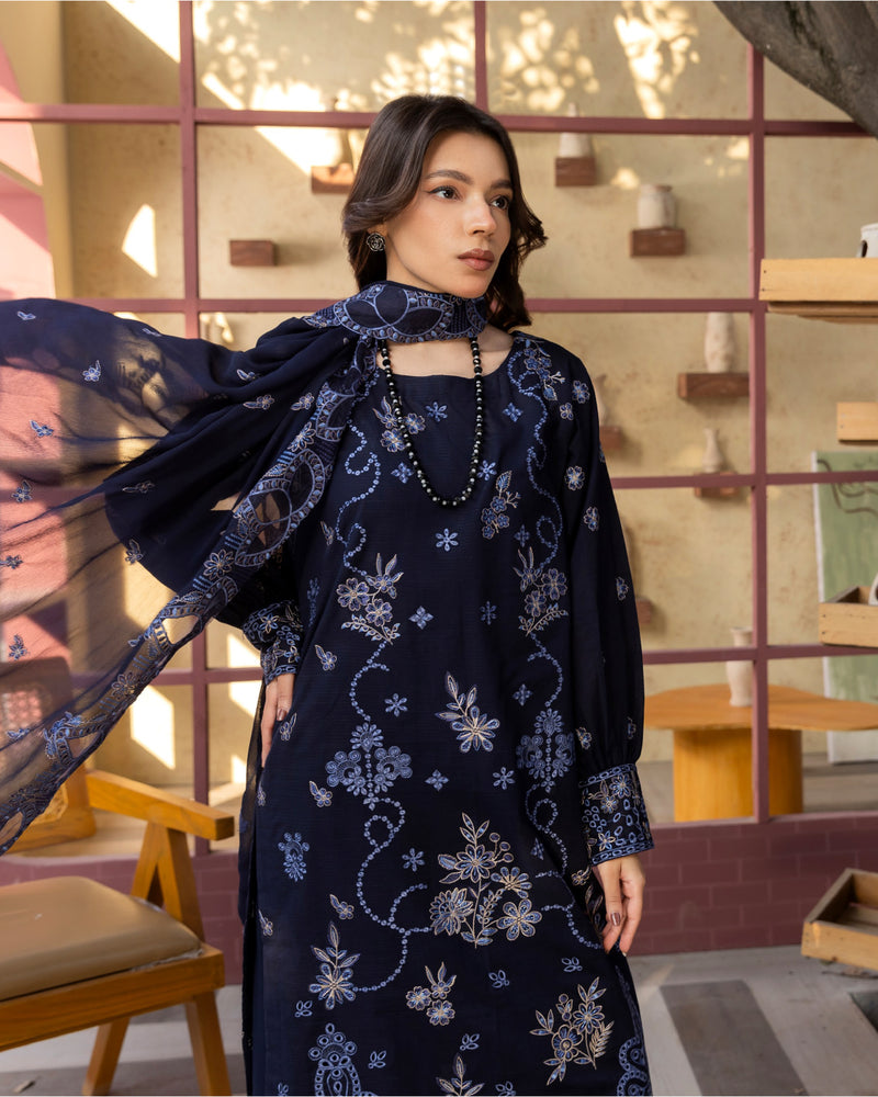 Shahkar Lawn by AALAYA | Embroidered Stripe Suit | Article-07-Dark Blue