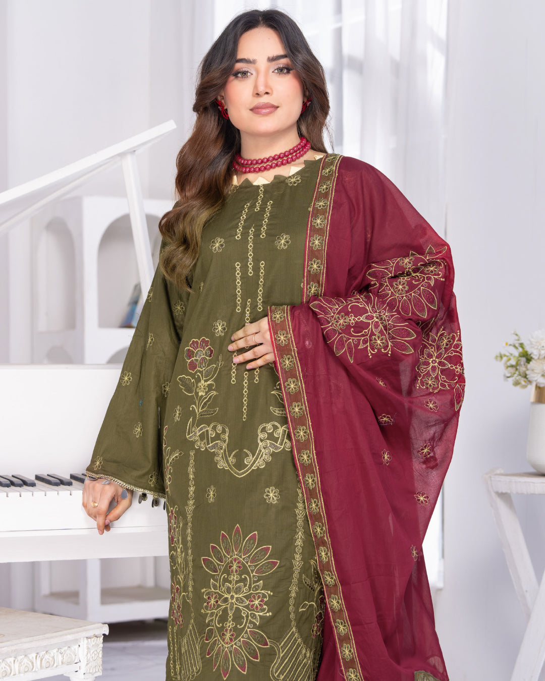 Alif Lawn – Fully Embroidered – Olive Green