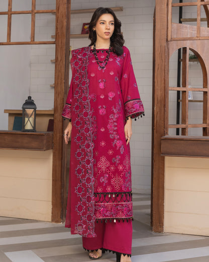 Shahkar Lawn by AALAYA | Embroidered Stripe Suit | Article-01-Deep Rose Gulabe
