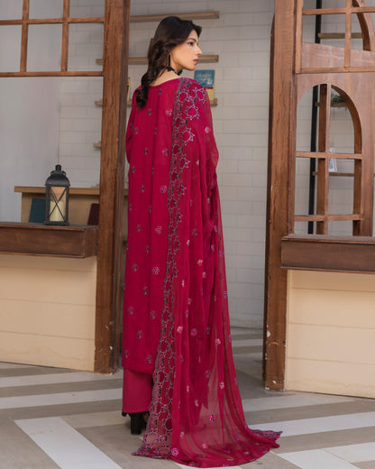 Shahkar Lawn by AALAYA | Embroidered Stripe Suit | Article-01-Deep Rose Gulabe