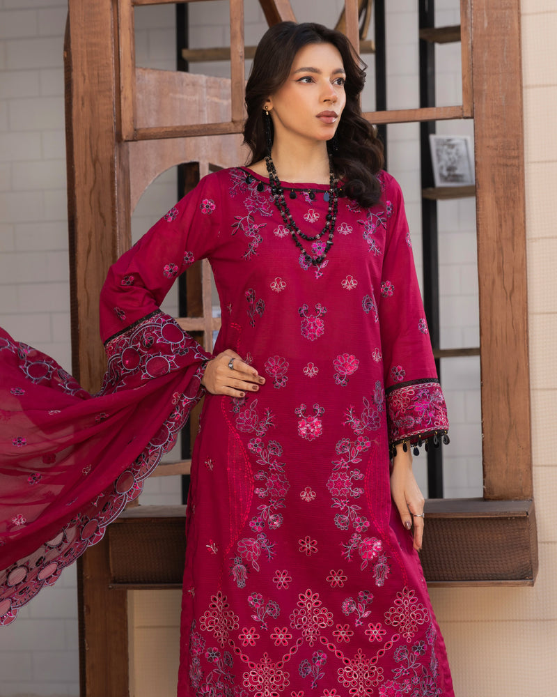 Shahkar Lawn by AALAYA | Embroidered Stripe Suit | Article-01-Deep Rose Gulabe