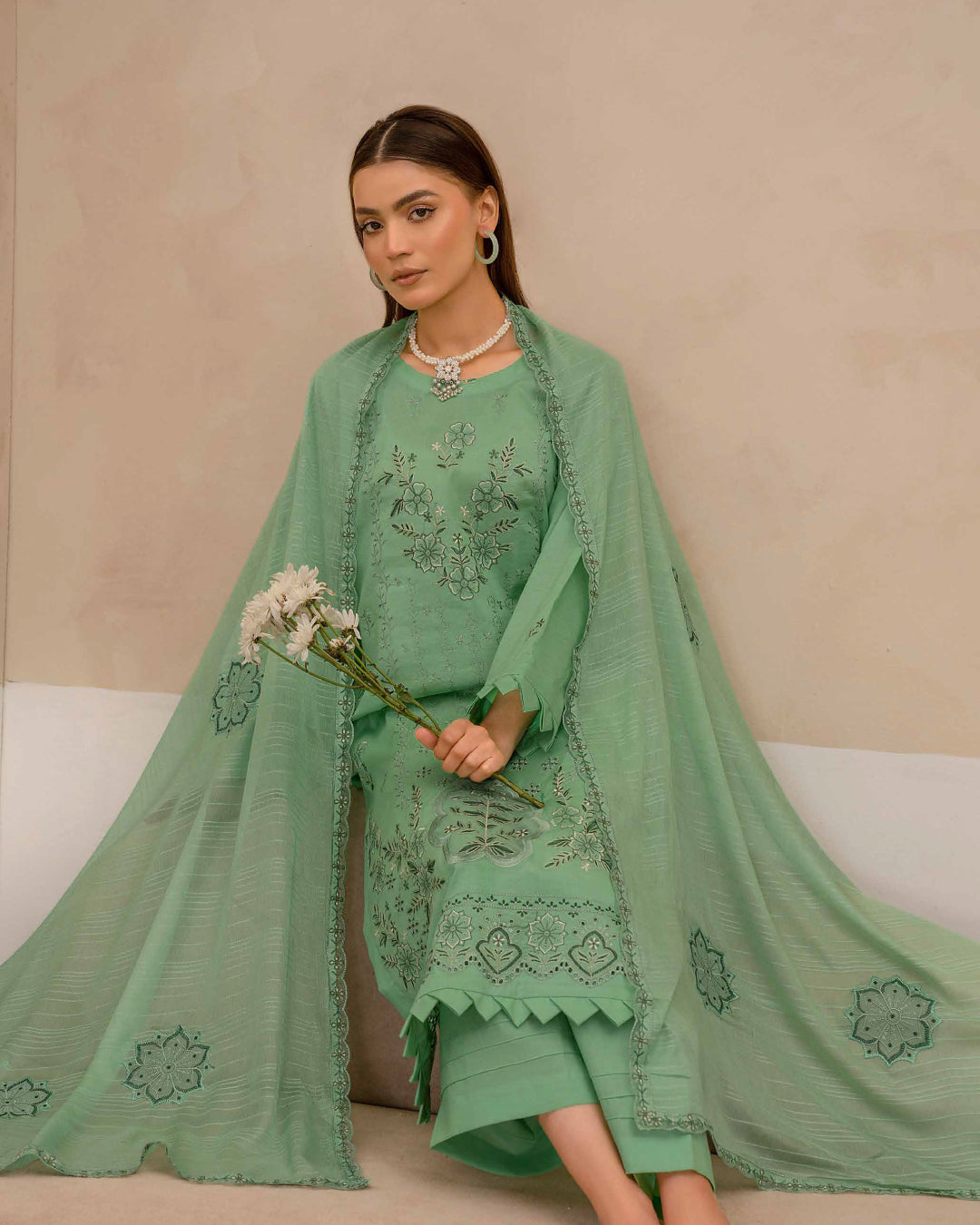 Dyed Lawn Embroidered Suit with Bamber Motif & 4-Side Lace Dupatta – Sage Green
