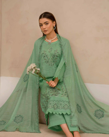 Dyed Lawn Embroidered Suit with Bamber Motif & 4-Side Lace Dupatta – Sage Green