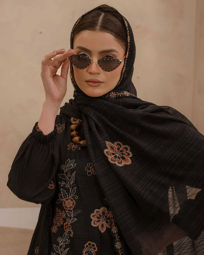 Dyed Lawn Embroidered Suit with Bamber Motif & 4-Side Lace Dupatta – Black