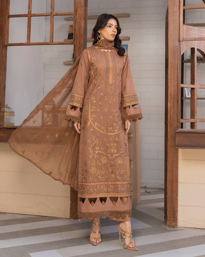Shahkar Lawn by AALAYA | Embroidered Stripe Suit | Article-04-Toffee Brown