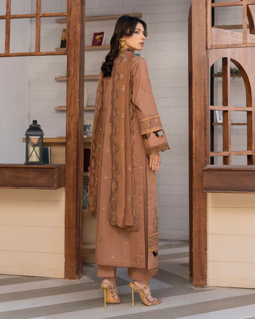 Shahkar Lawn by AALAYA | Embroidered Stripe Suit | Article-04-Toffee Brown