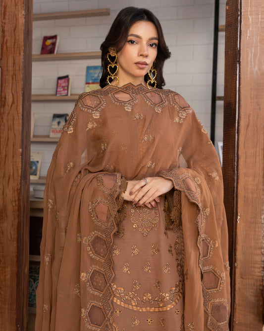 Shahkar Lawn by AALAYA | Embroidered Stripe Suit | Article-04-Toffee Brown