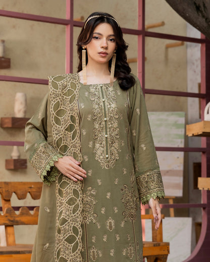 Shahkar Lawn by AALAYA | Embroidered Stripe Suit | Article-05-Mossed Olive