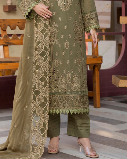 Shahkar Lawn by AALAYA | Embroidered Stripe Suit | Article-05-Mossed Olive