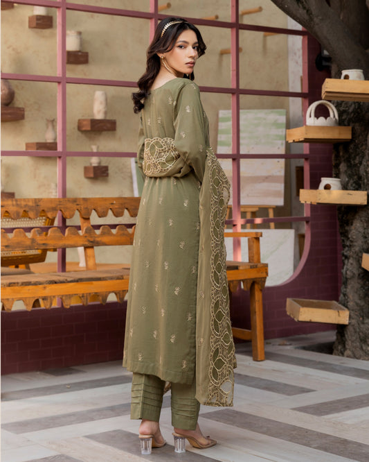 Shahkar Lawn by AALAYA | Embroidered Stripe Suit | Article-05-Mossed Olive