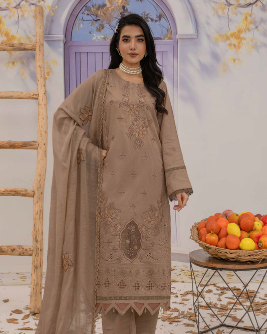 Dyed Lawn Embroidered Suit with Bamber Motif & 4-Side Lace Dupatta – Mocha Brown