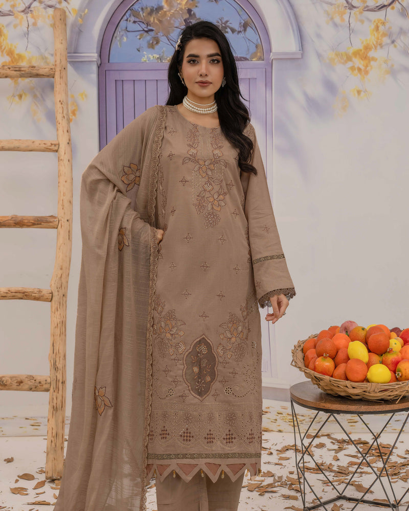 Dyed Lawn Embroidered Suit with Bamber Motif & 4-Side Lace Dupatta – Mocha Brown