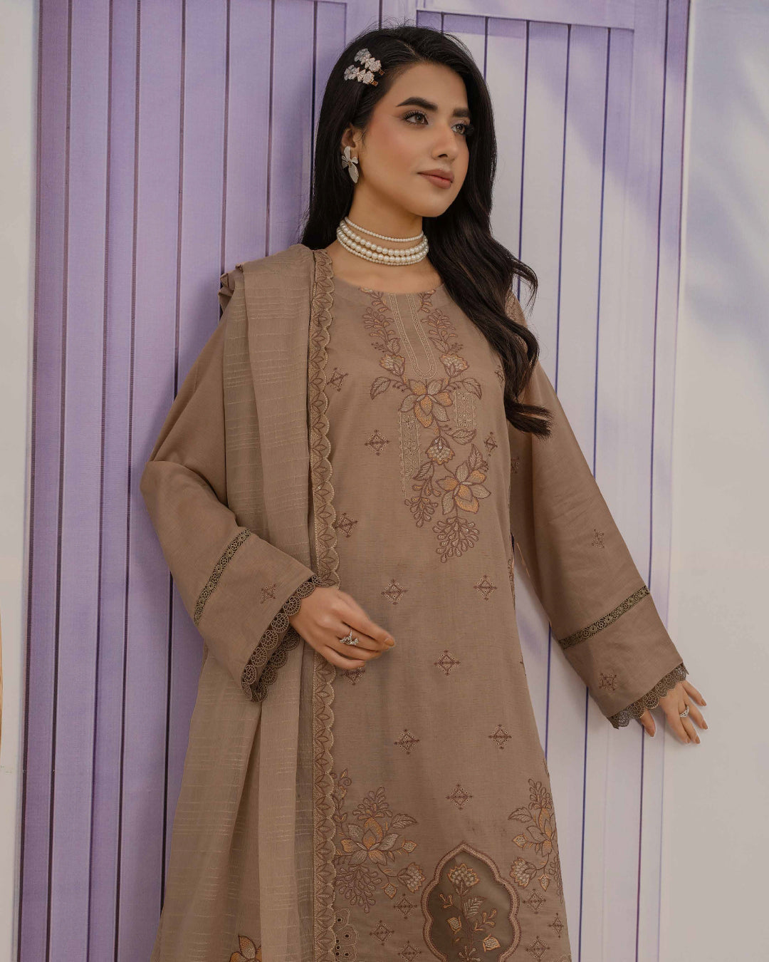 Dyed Lawn Embroidered Suit with Bamber Motif & 4-Side Lace Dupatta – Mocha Brown