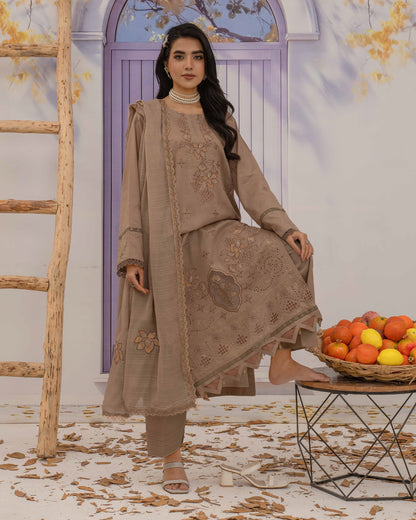 Dyed Lawn Embroidered Suit with Bamber Motif & 4-Side Lace Dupatta – Mocha Brown