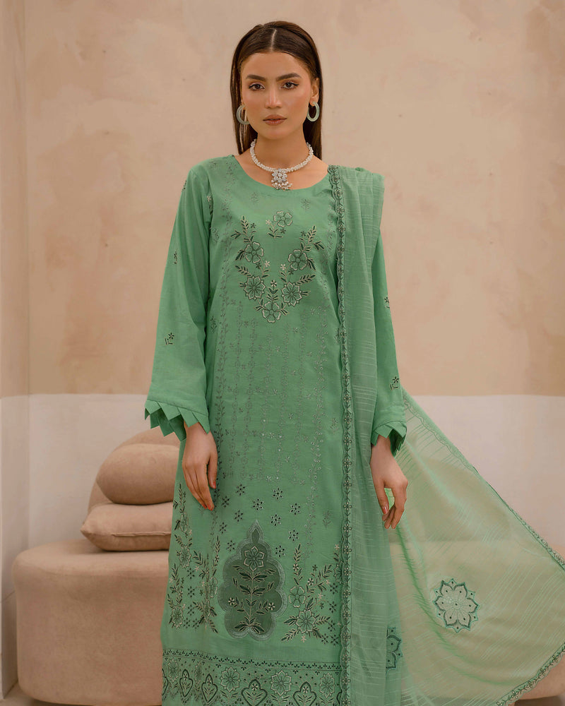 Dyed Lawn Embroidered Suit with Bamber Motif & 4-Side Lace Dupatta – Sage Green
