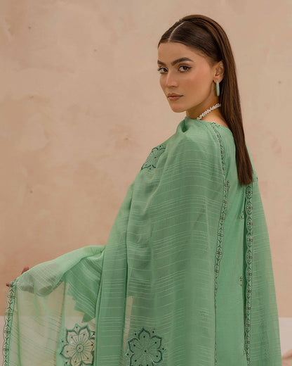 Dyed Lawn Embroidered Suit with Bamber Motif & 4-Side Lace Dupatta – Sage Green