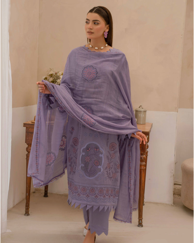Dyed Lawn Embroidered Suit with Bamber Motif & 4-Side Lace Dupatta – Light Purple