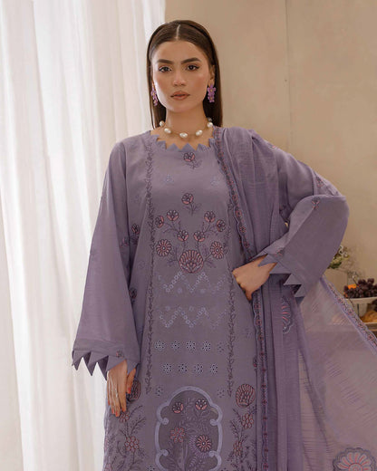 Dyed Lawn Embroidered Suit with Bamber Motif & 4-Side Lace Dupatta – Light Purple