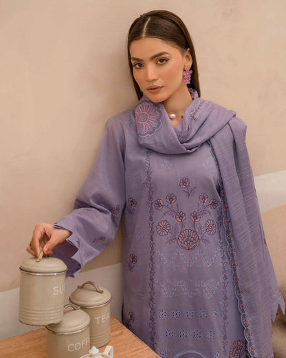 Dyed Lawn Embroidered Suit with Bamber Motif & 4-Side Lace Dupatta – Light Purple