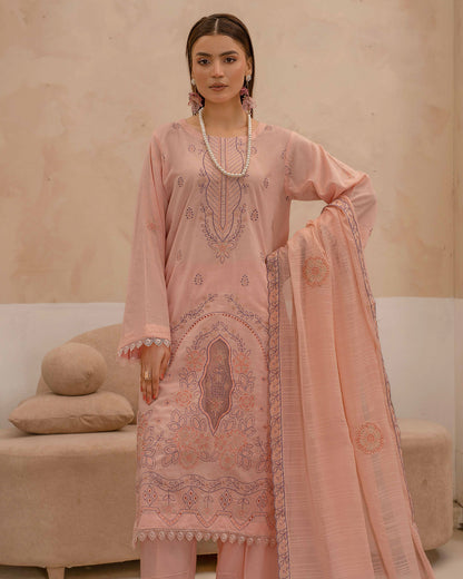 Dyed Lawn Embroidered Suit with Bamber Motif & 4-Side Lace Dupatta – Soft Peach