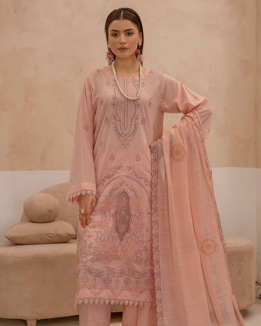 Dyed Lawn Embroidered Suit with Bamber Motif & 4-Side Lace Dupatta – Soft Peach