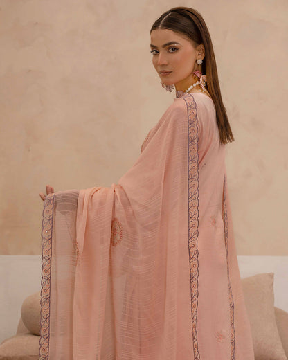 Dyed Lawn Embroidered Suit with Bamber Motif & 4-Side Lace Dupatta – Soft Peach