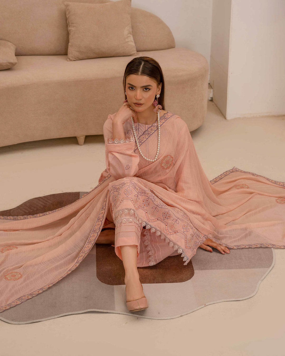 Dyed Lawn Embroidered Suit with Bamber Motif & 4-Side Lace Dupatta – Soft Peach