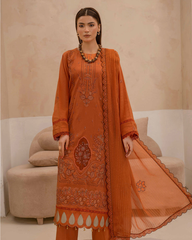 Dyed Lawn Embroidered Suit with Bamber Motif & 4-Side Lace Dupatta – Burnt Orange