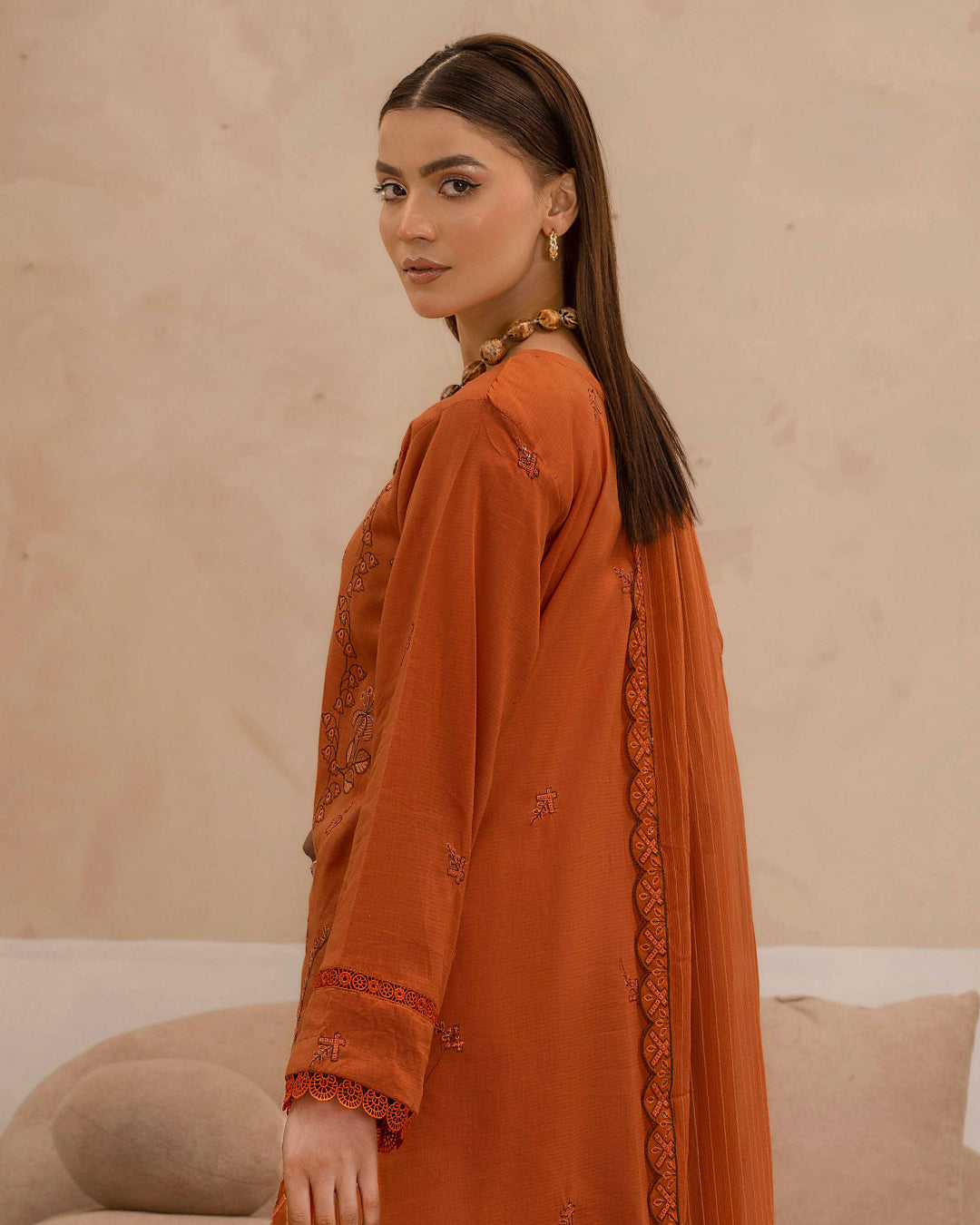 Dyed Lawn Embroidered Suit with Bamber Motif & 4-Side Lace Dupatta – Burnt Orange