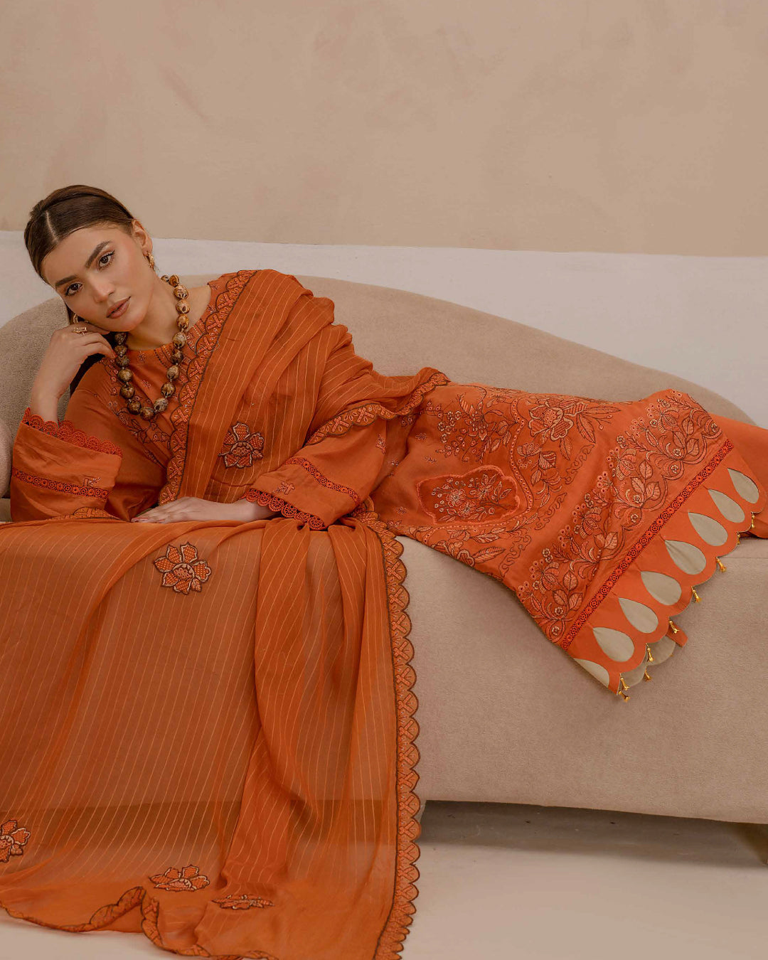 Dyed Lawn Embroidered Suit with Bamber Motif & 4-Side Lace Dupatta – Burnt Orange