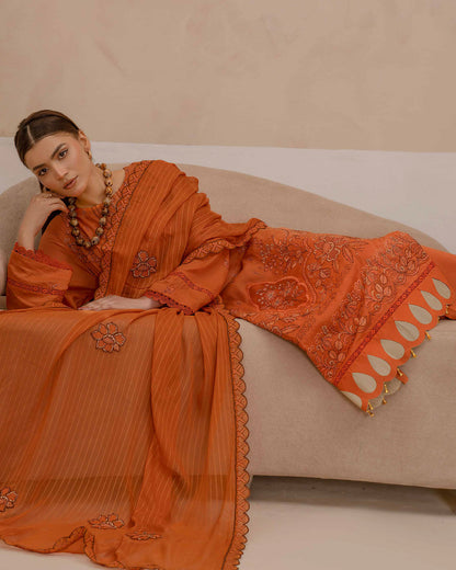 Dyed Lawn Embroidered Suit with Bamber Motif & 4-Side Lace Dupatta – Burnt Orange