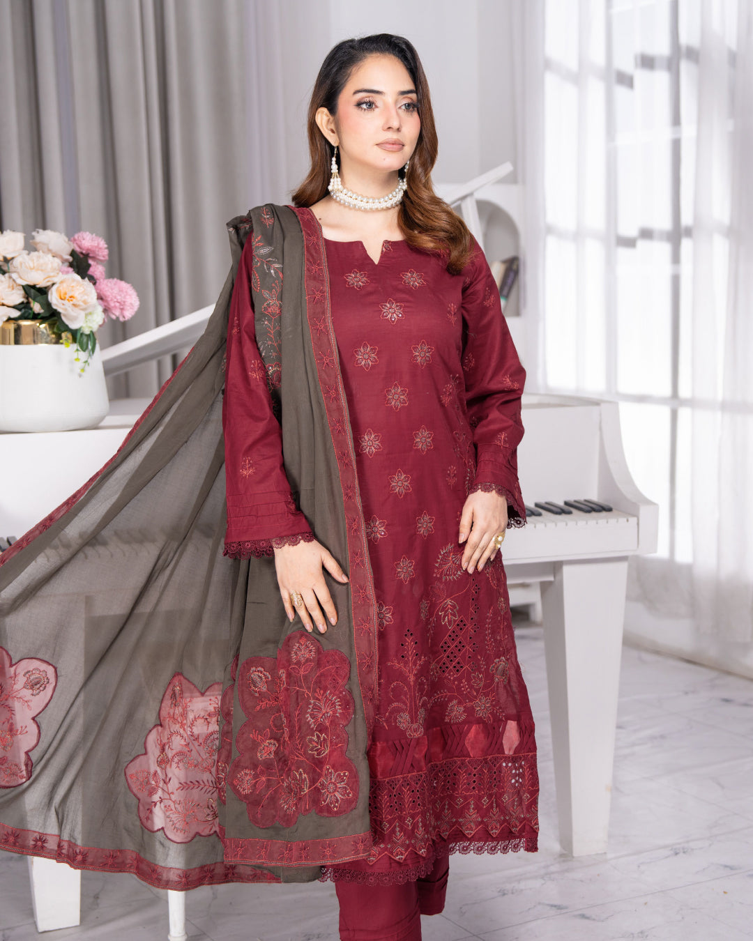 Alif Lawn – Fully Embroidered –  Maroon
