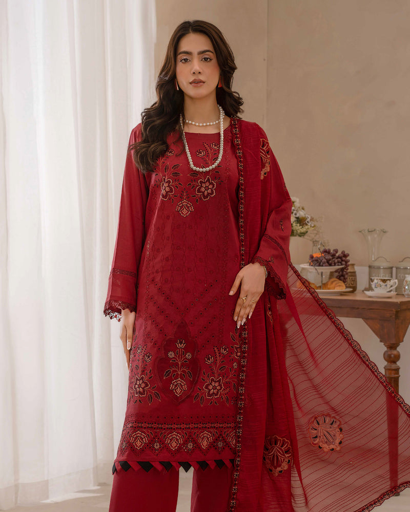 Dyed Lawn Embroidered Suit with Bamber Motif & 4-Side Lace Dupatta – Red