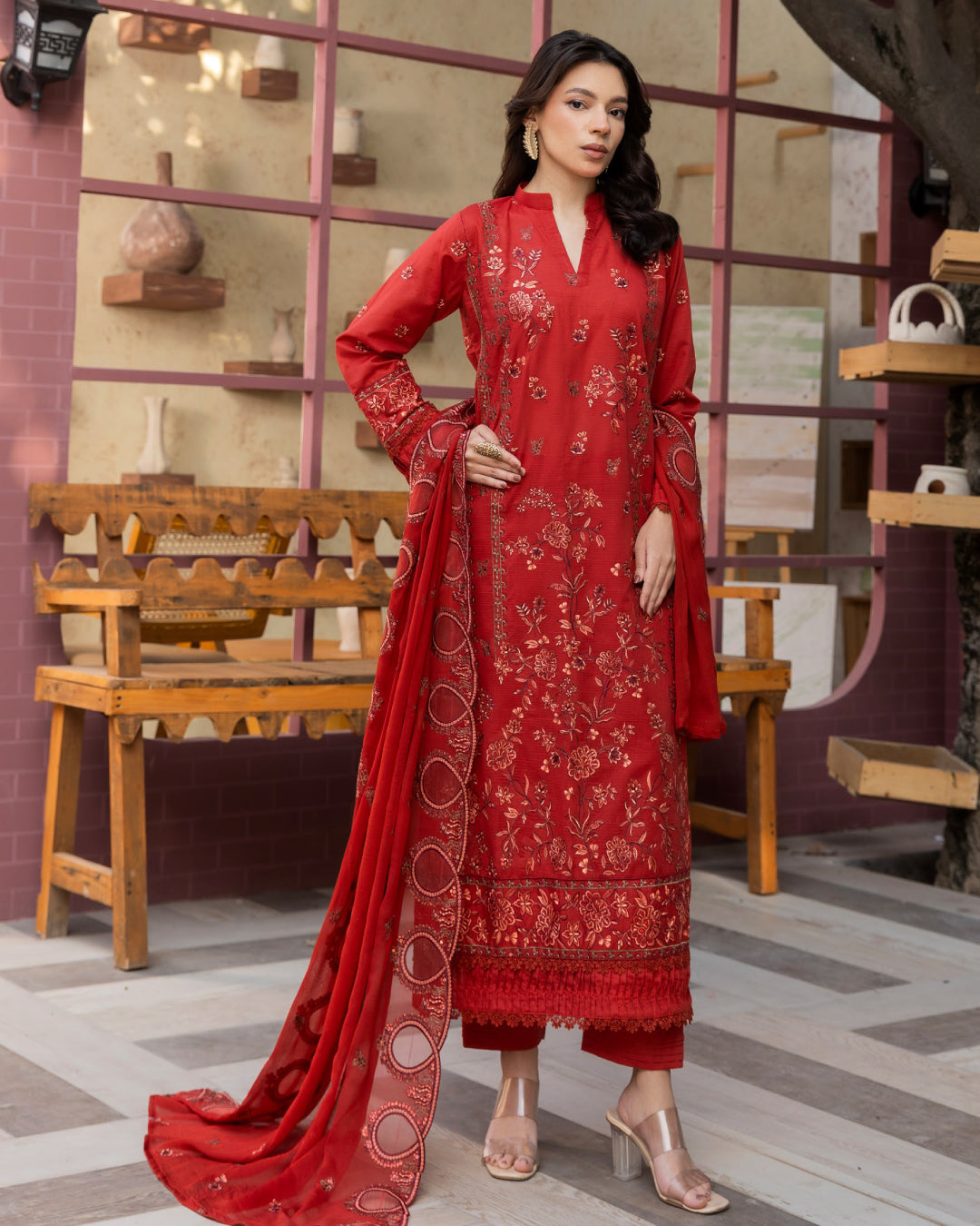 Shahkar Lawn by AALAYA | Embroidered Stripe Suit | Article-06-Red