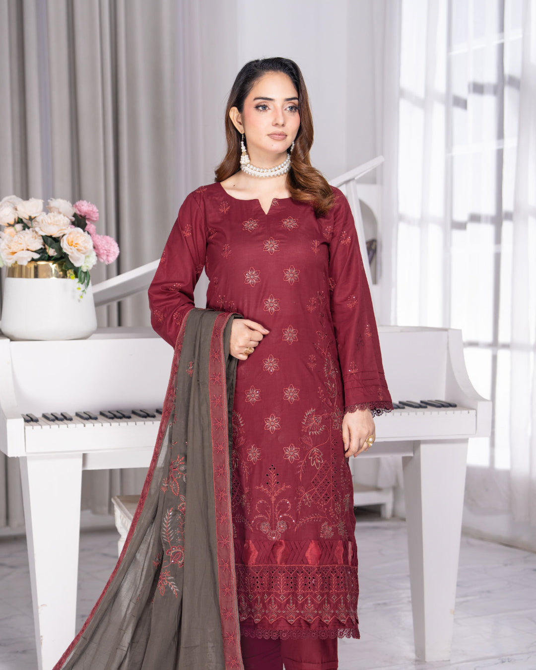 Alif Lawn – Fully Embroidered –  Maroon