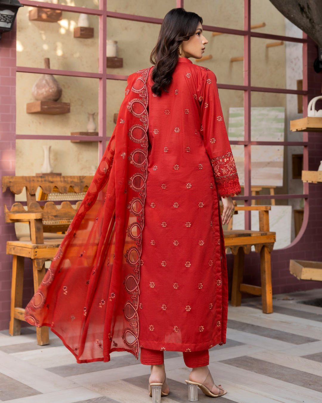 Shahkar Lawn by AALAYA | Embroidered Stripe Suit | Article-06-Red