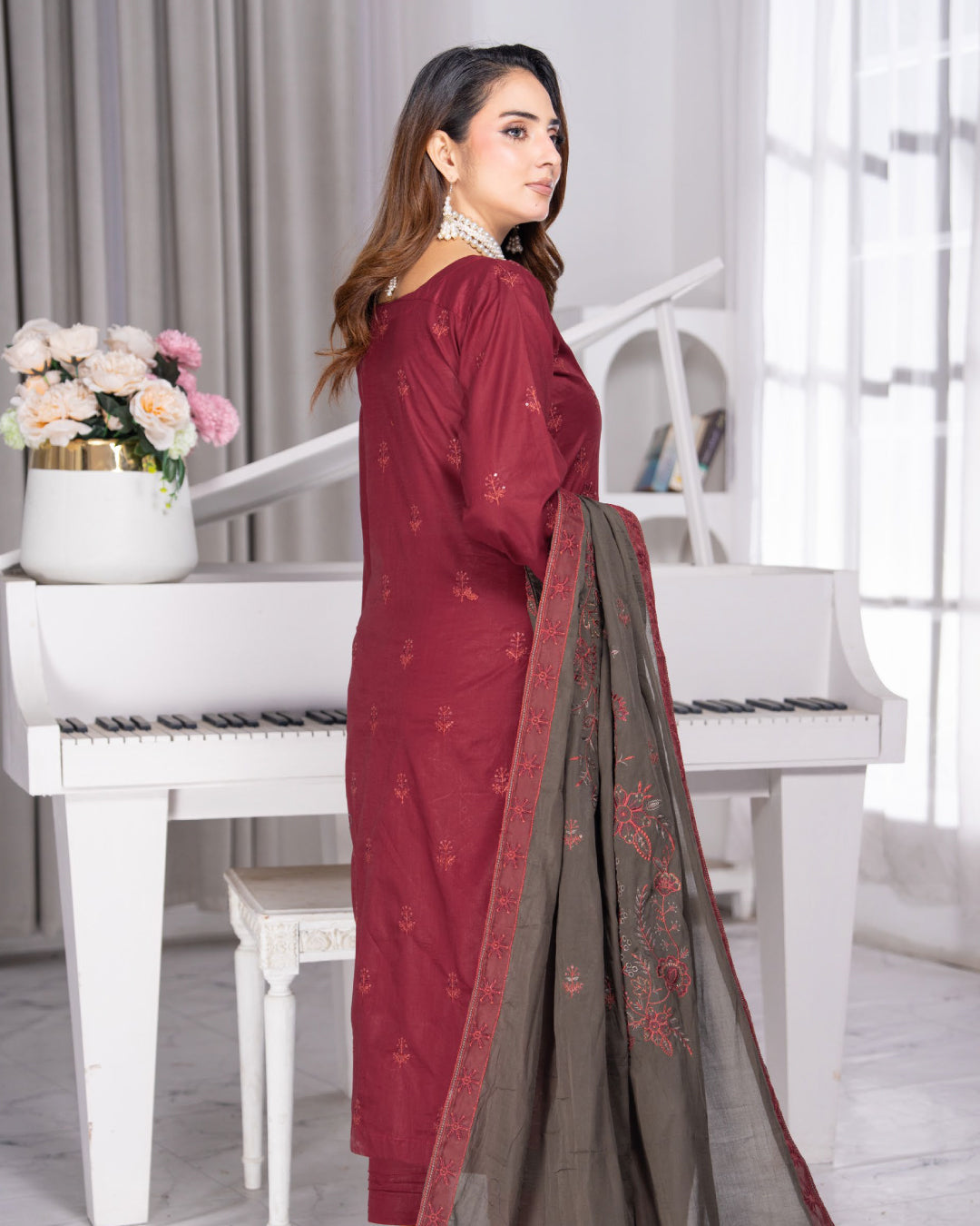 Alif Lawn – Fully Embroidered –  Maroon