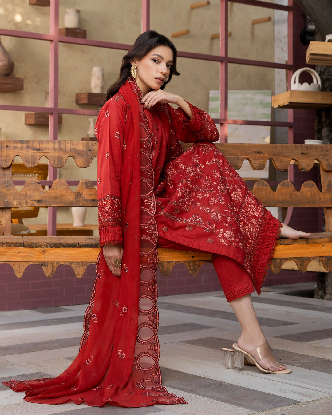 Shahkar Lawn by AALAYA | Embroidered Stripe Suit | Article-06-Red