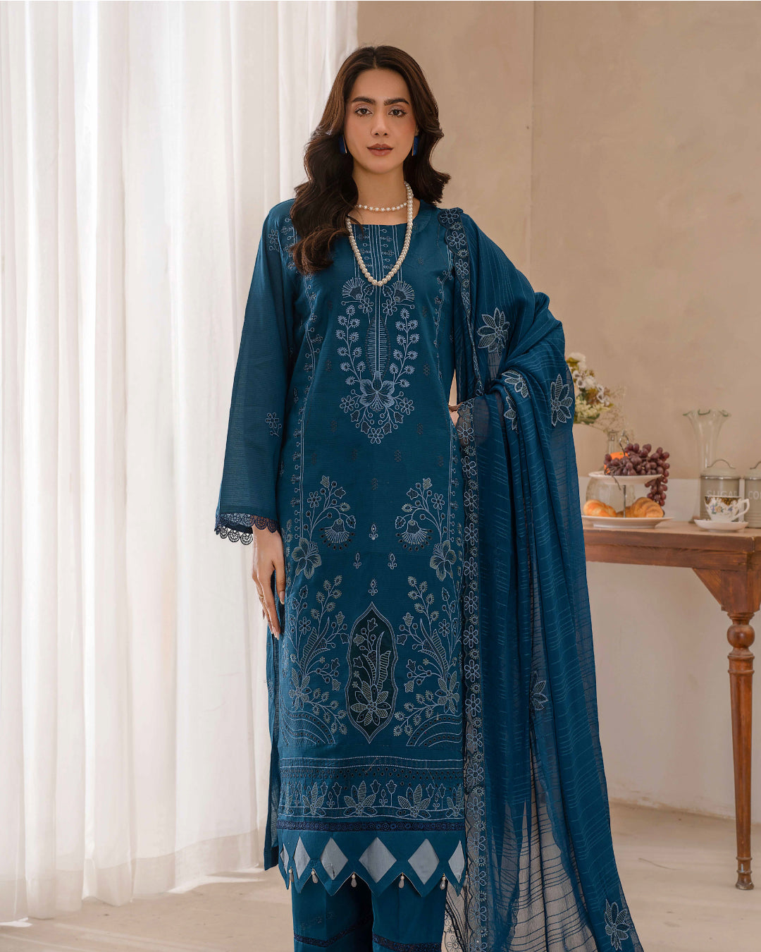 Dyed Lawn Embroidered Suit with Bamber Motif & 4-Side Lace Dupatta – Ocean Blue
