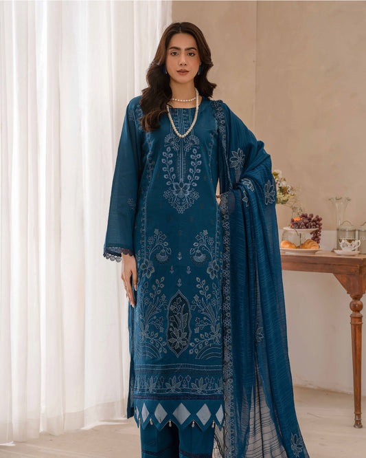 Dyed Lawn Embroidered Suit with Bamber Motif & 4-Side Lace Dupatta – Ocean Blue